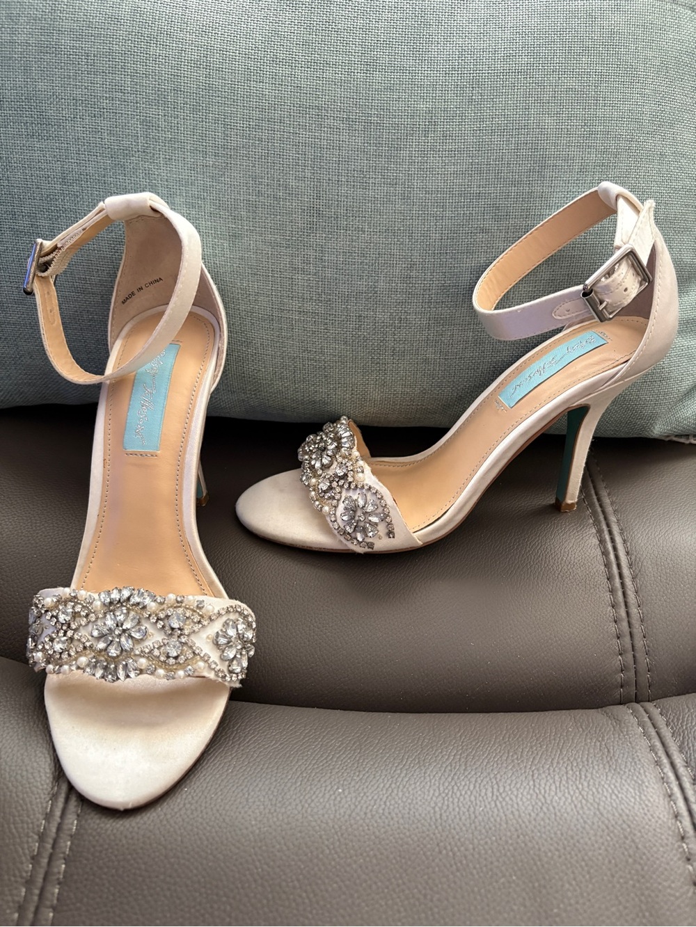 Betsey Johnson Shoes Ivory Crystal-Embellished Ankle-Strap Heels
